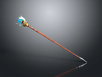 Fantasy Magic Staff With Blue Gemstone White Decorations Red Wooden Shaft And Metal Tip 3d model