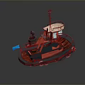 Red Tugboat With White Cabin Black Chimney Blue Flag And Lifebuoys