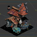 Cartoon Scenery With Cute House Brown Roof Golden Decor Lantern And Waterwheel On Stone Path