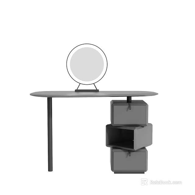 Modern Dressing Table With Round Mirror And Stacked Drawer Storage Cabinets 3d model 