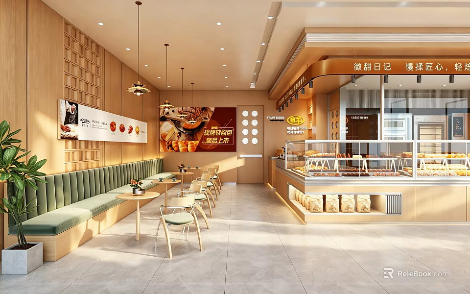 Modern Dessert Shop Interior With Wooden Walls Green Booth Seats Hanging Lights And Display Cases 3d model 