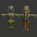 Cartoon Elderly Woman Character With Colorful Traditional Costume Gray Hair Front Back Views