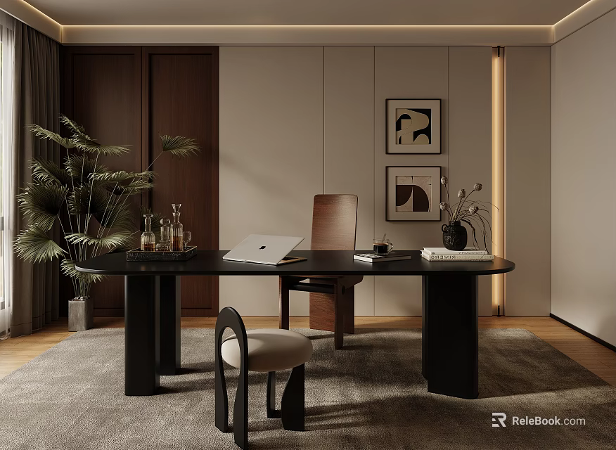 Modern Study Room Interior With Black Desk Laptop Chair Plant And Framed Art 3d model 