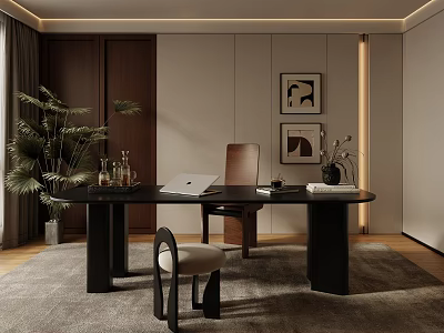 Modern Study Room Interior With Black Desk Laptop Chair Plant And Framed Art 3d model