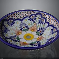 Decorative Ceramic Sink With Colorful Floral Geometric Patterns And Blue Rim