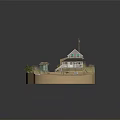 Rustic Wooden House Model With Blue Truck Small Shed Trees And Sandy Ground