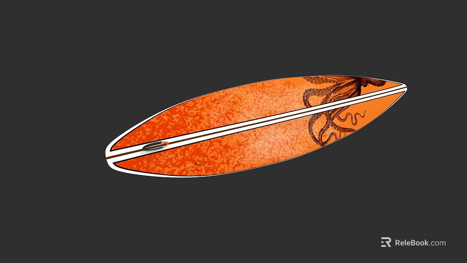 Orange Surfboard With Octopus Design And White Stripe For Water Sports 3d model 