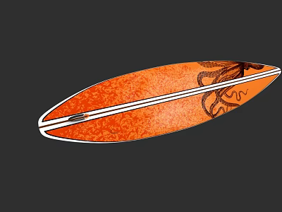 Orange Surfboard With Octopus Design And White Stripe For Water Sports 3d model