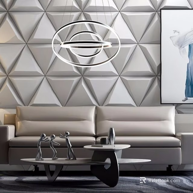 Modern Upholstered Two Seater Sofa Living Room with Geometric Wall and Circular Pendant Light 3d model 