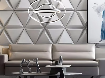 Modern Upholstered Two Seater Sofa Living Room with Geometric Wall and Circular Pendant Light 3d model