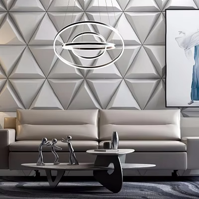 Modern Upholstered Two Seater Sofa Living Room with Geometric Wall and Circular Pendant Light 3d model
