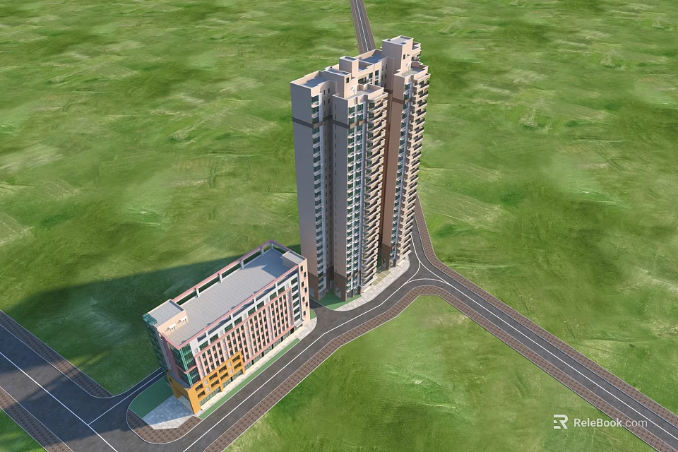 Modern High Rise Residential Building with Adjacent Structure and Green Field Road 3d model 