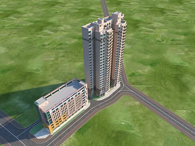 Modern High Rise Residential Building with Adjacent Structure and Green Field Road 3d model