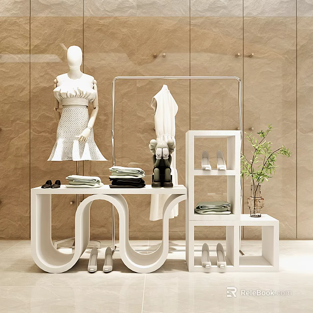 Fashion Retail Display Shelves With Clothing Shoes Mannequin And Hanging Rack 3d model 
