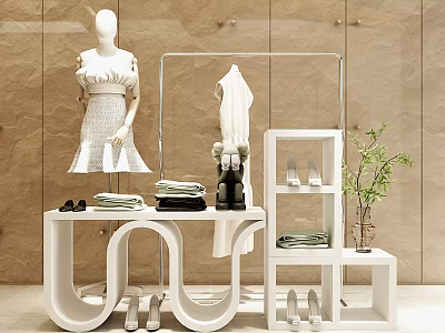 Fashion Retail Display Shelves With Clothing Shoes Mannequin And Hanging Rack 3d model
