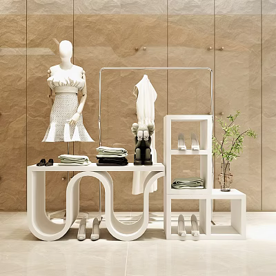 Fashion Retail Display Shelves With Clothing Shoes Mannequin And Hanging Rack 3d model
