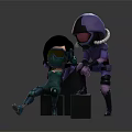 Two Character Figures Sitting And Crouching With White Hair Green Outfit Purple Helmet Spacesuit Design