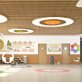 Kindergarten Interior With Wooden Strip Ceiling Colorful Circular Lights Large Windows And Wall Decorations