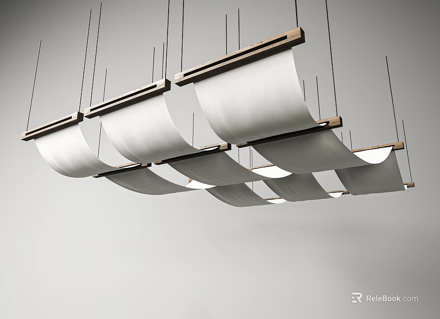Modern Ceiling Drapery Design With White Fabric And Wooden Hanging Frames 3d model
