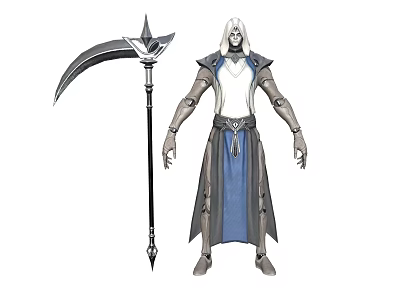 White Haired Mythical Creature Figure In Robe With Large Scythe Weapon Design 3d model