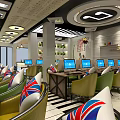 Modern Internet Cafe Interior Design With Computers Green Yellow Chairs And Marble Floor