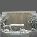 Elegant Chinese Themed Decorative Scene With Golden Framed Screen Bamboo Pink Flowers And Wooden Table