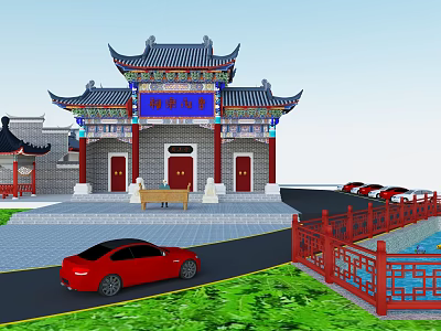 Ancient Chinese Architecture With Curved Eaves Blue Plaque Red Pillars Car Railings And Green Grass 3d model