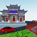 Ancient Chinese Architecture With Curved Eaves Blue Plaque Red Pillars Car Railings And Green Grass