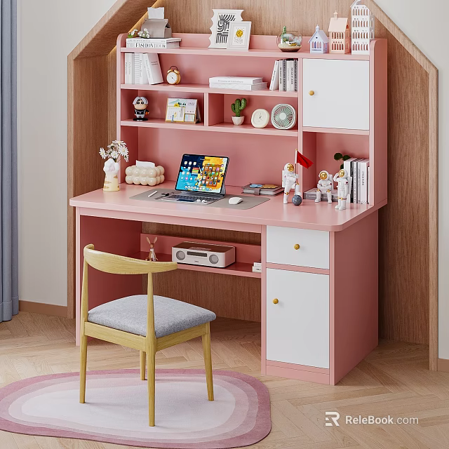 Pink Desk With Chair Laptop And Shelf Featuring Books Decorations Potted Plant 3d model 
