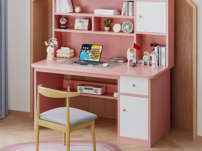 Pink Desk With Chair Laptop And Shelf Featuring Books Decorations Potted Plant 3d model