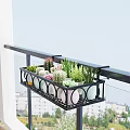 Garden Balcony Railing Black Metal Planter with Succulents Cacti and Colorful Pots