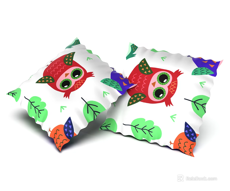 Colorful Owl Print Decorative Pillows With Green Leaves And Patterns 3d model 