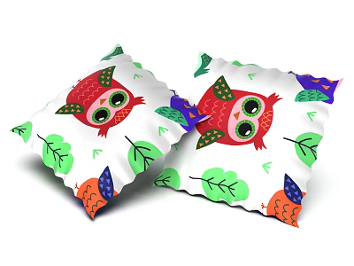 Colorful Owl Print Decorative Pillows With Green Leaves And Patterns 3d model
