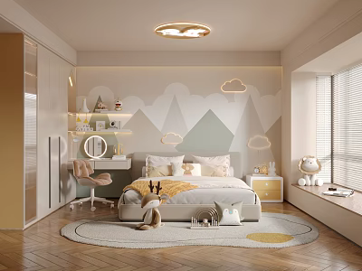 Kids Room Interior Design With Mountain Cloud Wall Decor Bed Desk Chair And Rug 3d model