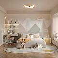 Kids Room Interior Design With Mountain Cloud Wall Decor Bed Desk Chair And Rug