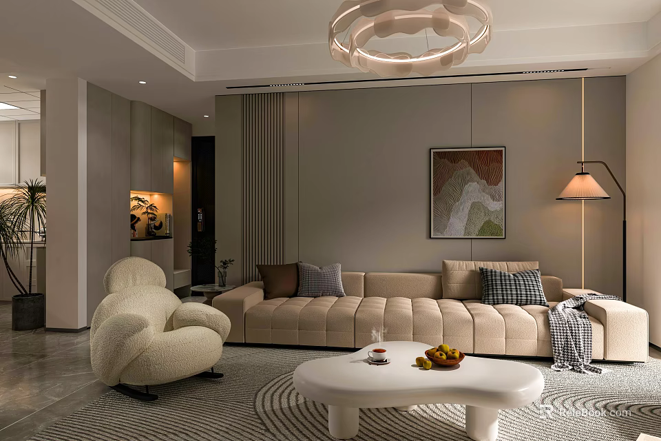 Modern Warm Neutral Toned Living And Dining Space With Soft Upholstered Sofa And Elegant Decor 3d model 
