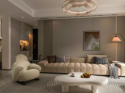 Modern Warm Neutral Toned Living And Dining Space With Soft Upholstered Sofa And Elegant Decor 3d model