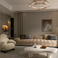 Modern Warm Neutral Toned Living And Dining Space With Soft Upholstered Sofa And Elegant Decor