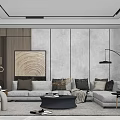 Modern Living Room Interior With L Shaped Sofa Wooden Wall Art Floor Lamp And Sculpture