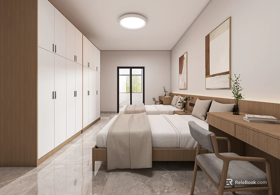 School Dormitory Room Interior With Beds Wardrobe And Desk 3d model 