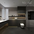 Modern Bathroom Interior Design With Gray Cabinets Glass Shower Partition Lighting Strips and Vanity
