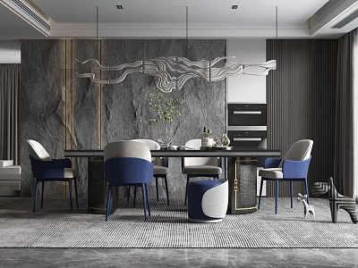 Modern Restaurant Interior With Blue Chairs Gray Wall Decor Pendant Lights And Dining Table 3d model