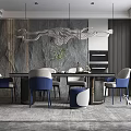 Modern Restaurant Interior With Blue Chairs Gray Wall Decor Pendant Lights And Dining Table