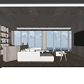 Modern Hotel Guest Room With Sea View Large Windows Sofas Coffee Table And Display Shelves