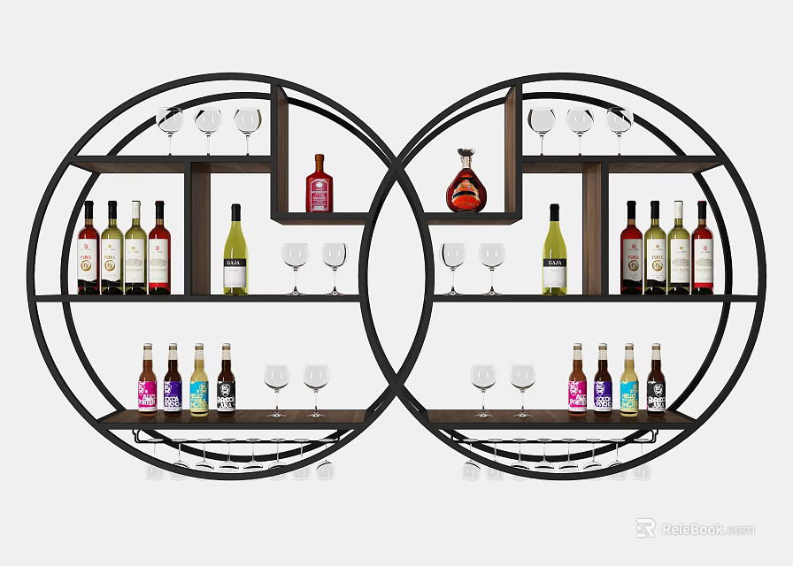 Modern Round Wine Cabinet With Black Frame Multiple Shelves Wine Bottles And Glasses 3d model 