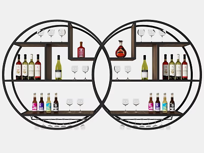 Modern Round Wine Cabinet With Black Frame Multiple Shelves Wine Bottles And Glasses 3d model