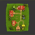 3D Cartoon Village Scene With Small Houses Red Roofs Green Grass Trees Well And Fences