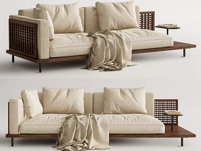 Modern Two Seater Sofa With Beige Fabric Wooden Frame Decorative Pillows And Throw Blanket 3d model