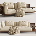 Modern Two Seater Sofa With Beige Fabric Wooden Frame Decorative Pillows And Throw Blanket