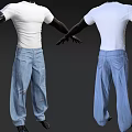 Mannequin Wearing White T-Shirt And Blue Distressed Jeans With Black Arms Against Gray Background